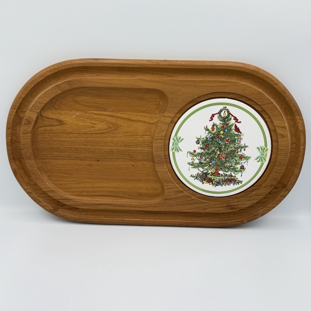 VTG Teak 18" Serving Tray Christmas Tree Tile Holiday Cheese Charcuterie Board